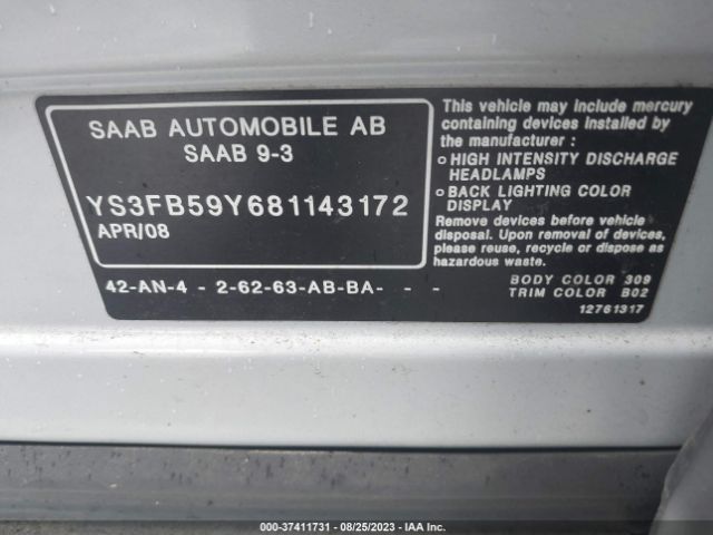 2008 SAAB 9-3 YS3FB59Y681143172 Photo 8