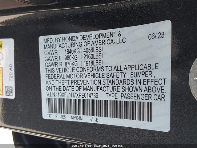 Auction sale of the 2023 Honda Civic Hatchback Ex-l, vin: 19XFL1H7XPE014739, lot number: 37411786