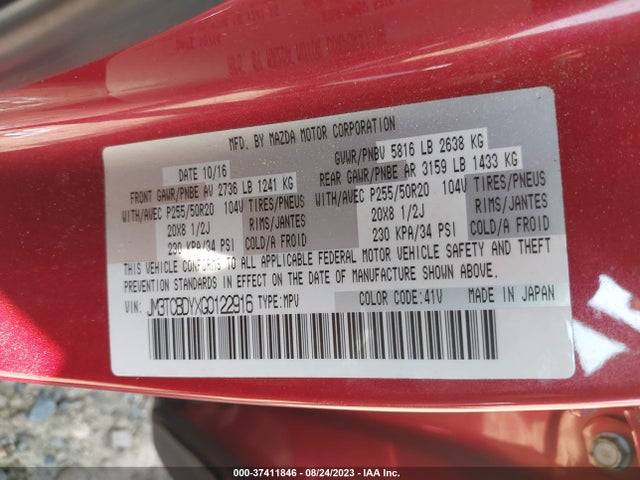 2016 MAZDA CX-9 GRAND TOURING VIN: JM3TCBDYXG0122916