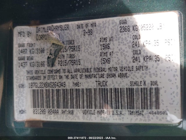 1999 DODGE DAKOTA SLT/SPORT/BASE VIN: 1B7GL22X8XS264349