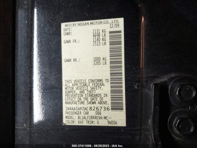 2010 NISSAN MAXIMA 3.5 SV W/PREMIUM PKG VIN: 1N4AA5AP2AC826736