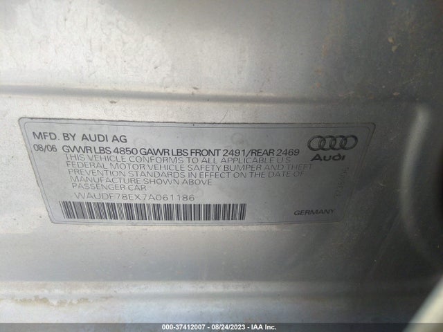 2007 AUDI A4 2.0T VIN: WAUDF78EX7A061186