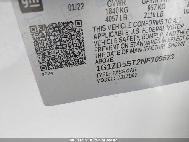 2022 CHEVROLET MALIBU LT VIN: 1G1ZD5ST2NF109573