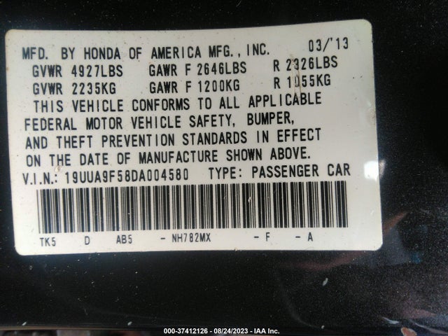 2013 ACURA TL 3.7 VIN: 19UUA9F58DA004580