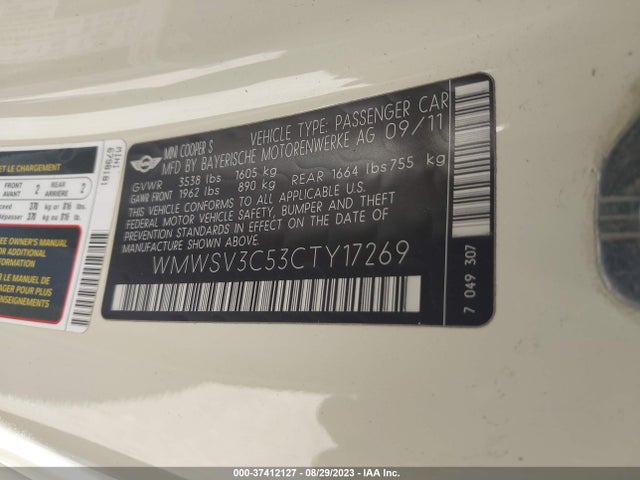 2012 MINI COOPER HARDTOP WMWSV3C53CTY17269 Photo 8