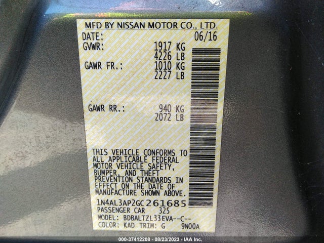 2016 NISSAN ALTIMA 2.5 SL VIN: 1N4AL3AP2GC261685