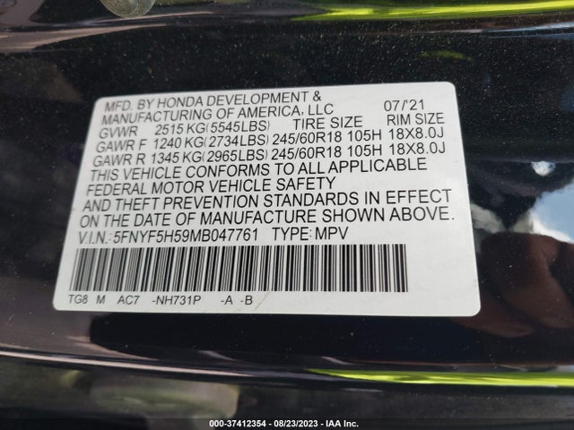 2021 HONDA PILOT EX-L VIN: 5FNYF5H59MB047761
