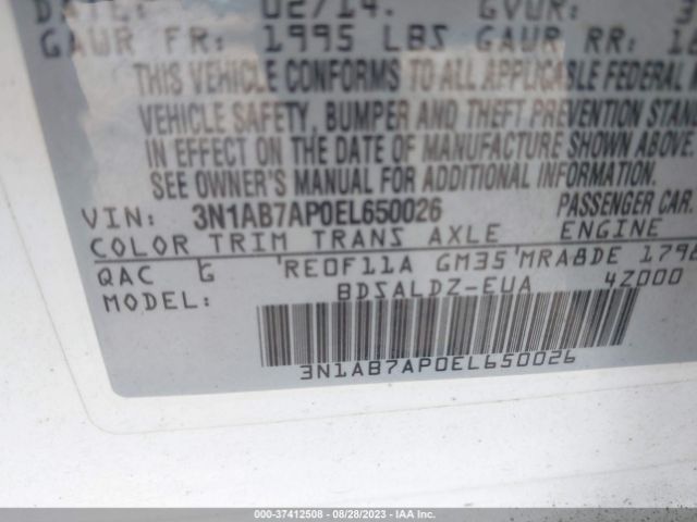 3N1AB7AP0EL650026 Nissan Sentra S/fe+ S/sv/fe+ Sv/sr/sl