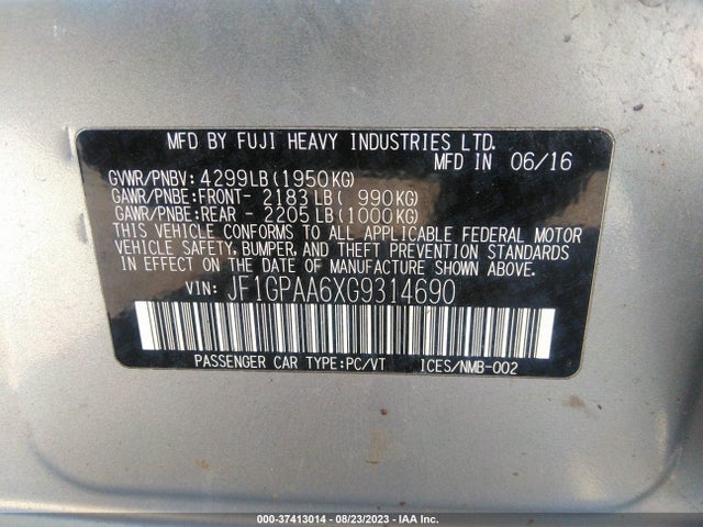 2016 SUBARU IMPREZA WAGON 2.0I VIN: JF1GPAA6XG9314690
