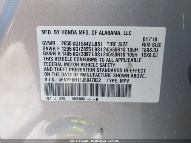 5FNYF6H11JB047932 Honda PILOT LX