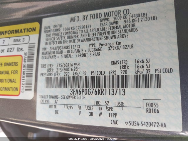 Ford FUSION S 2019 3FA6P0G76KR113713 Image 9