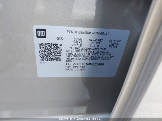 2022 CHEVROLET MALIBU RS VIN: 1G1ZG5ST1NF211499