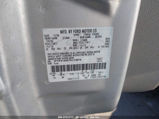 2007 FORD F-150 XLT/FX4/LARIAT/XL VIN: 1FTPX14557KC14874