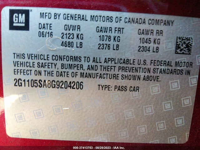 37413753 :رقم المزاد ، 2G1105SA8G9204206 vin ، 2016 Chevrolet Impala Lt مزاد بيع