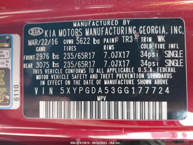 5XYPGDA53GG177724 KIA SORENTO LX