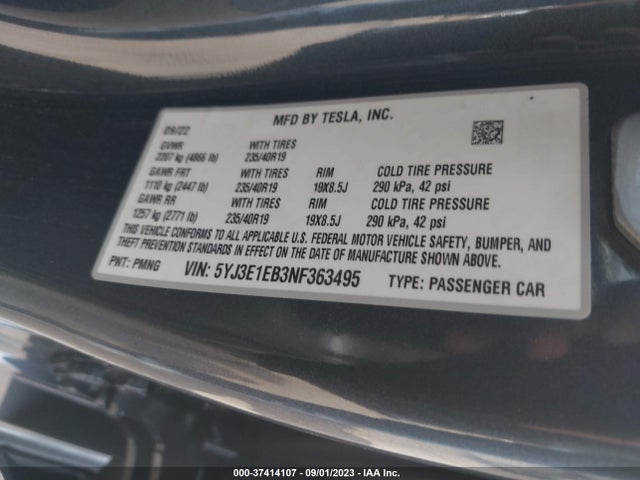 2022 Tesla 3, VIN: 5YJ3E1EB3NF363495