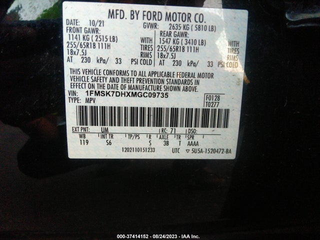 Ford EXPLORER XLT 2021 1FMSK7DHXMGC09735 Image 9