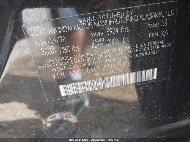 2019 HYUNDAI ELANTRA SEL VIN: 5NPD84LF0KH475106