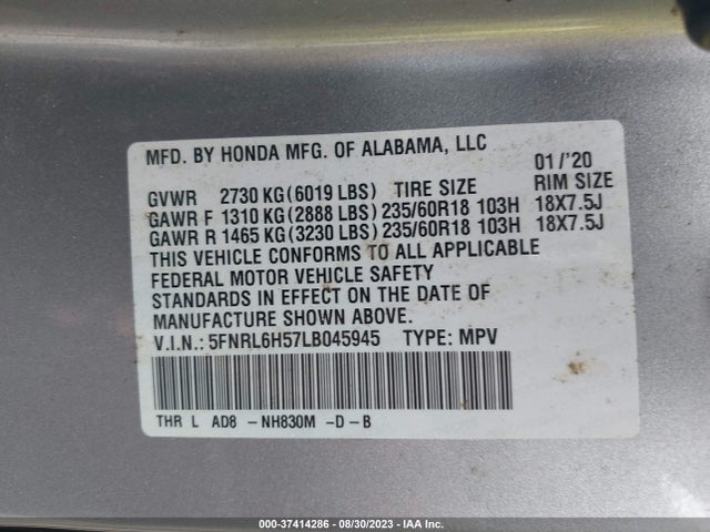 Honda ODYSSEY EX 2020 5FNRL6H57LB045945 Image 9