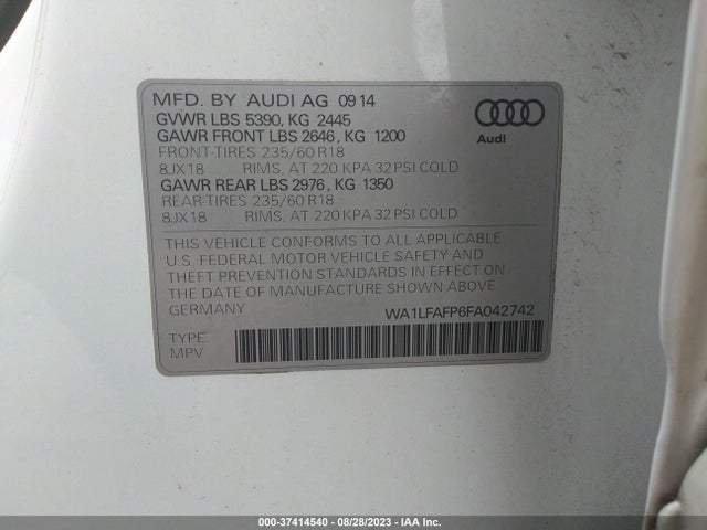 2015 AUDI Q5 PREMIUM PLUS VIN: WA1LFAFP6FA042742
