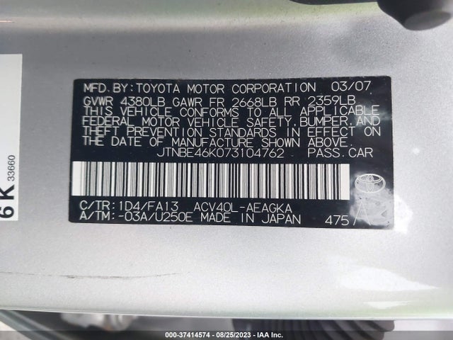 2007 TOYOTA CAMRY CE/LE/SE/XLE VIN: JTNBE46K073104762
