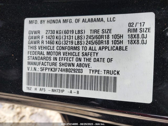 Honda Ridgeline Rtl-e 2017 5FPYK3F74HB029203 Image 9