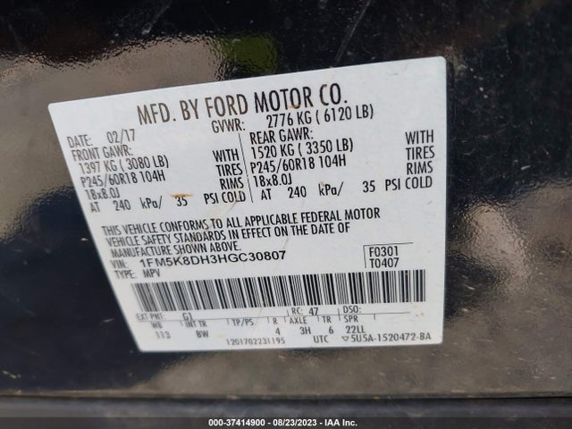 2017 FORD EXPLORER 1FM5K8DH3HGC30807 Photo 8