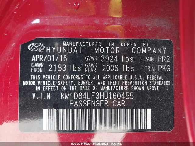 2017 HYUNDAI ELANTRA SE VIN: KMHD84LF3HU160455