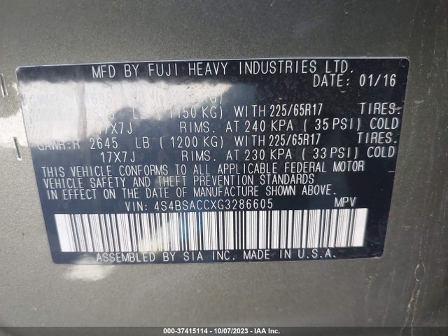 Subaru Outback 2.5i Premium 2016 4S4BSACCXG3286605 Image 9