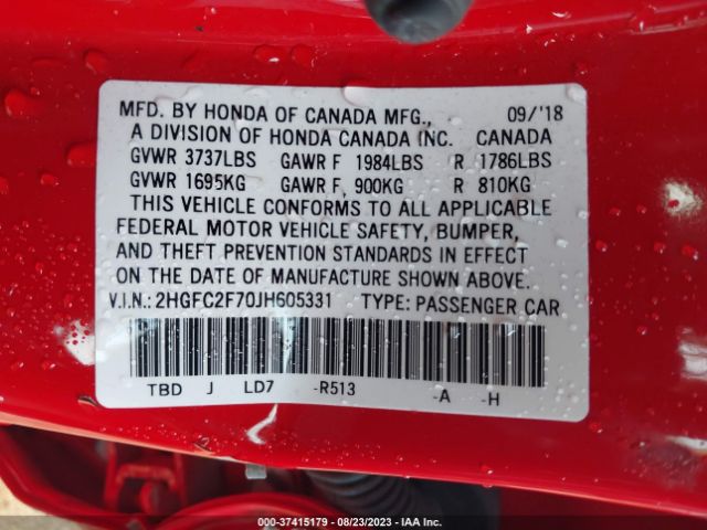 2HGFC2F70JH605331 Honda Civic Sedan Ex