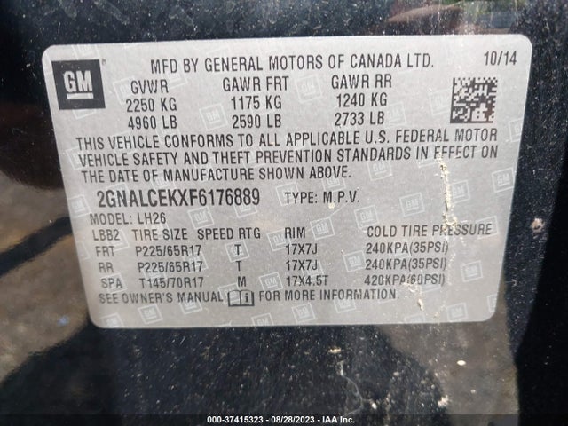 2015 CHEVROLET EQUINOX LT VIN: 2GNALCEKXF6176889