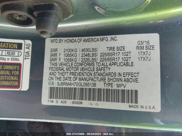 Honda Cr-v Ex-l 2016 5J6RM4H70GL056138 Image 9
