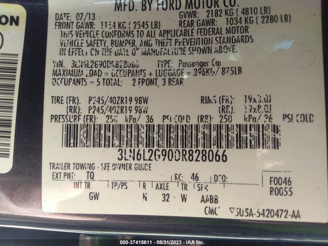 2013 LINCOLN MKZ VIN: 3LN6L2G90DR828066