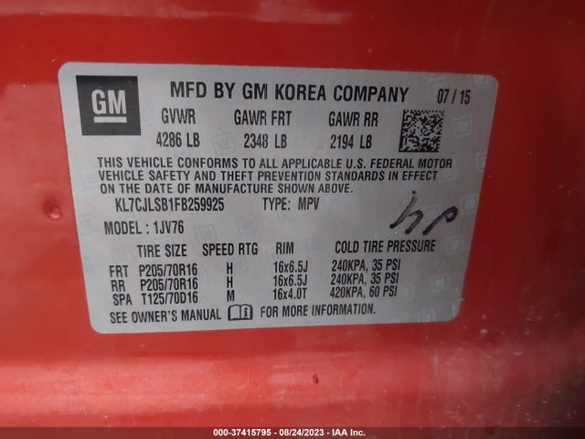 Chevrolet Trax Lt 2015 KL7CJLSB1FB259925 Image 9