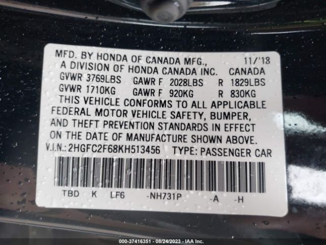 2HGFC2F68KH513456 Honda Civic Sedan Lx