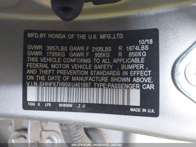 SHHFK7H95KU401997 Honda Civic Hatchback Sport Touring