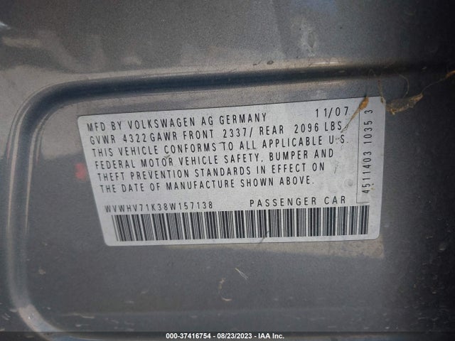 2008 VOLKSWAGEN GTI VIN: WVWHV71K38W157138