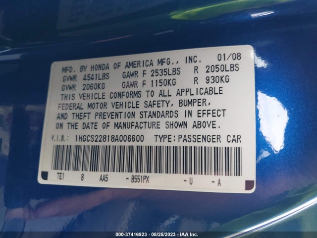 2008 HONDA ACCORD CPE EX-L VIN: 1HGCS22818A006600