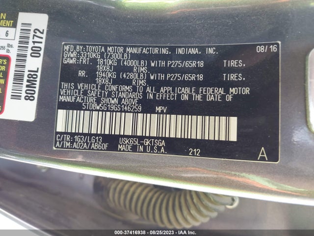 Toyota Sequoia Sr5 2016 5TDBW5G19GS146259 Image 9