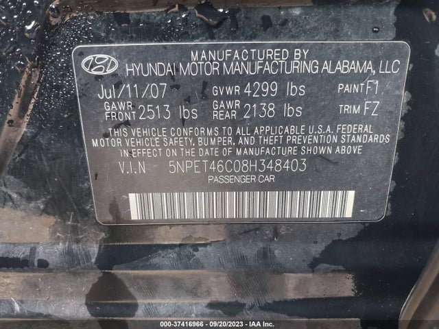 2008 HYUNDAI SONATA GLS VIN: 5NPET46C08H348403