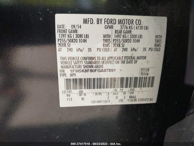 2015 FORD EXPLORER LIMITED VIN: 1FM5K8F80FGA87891