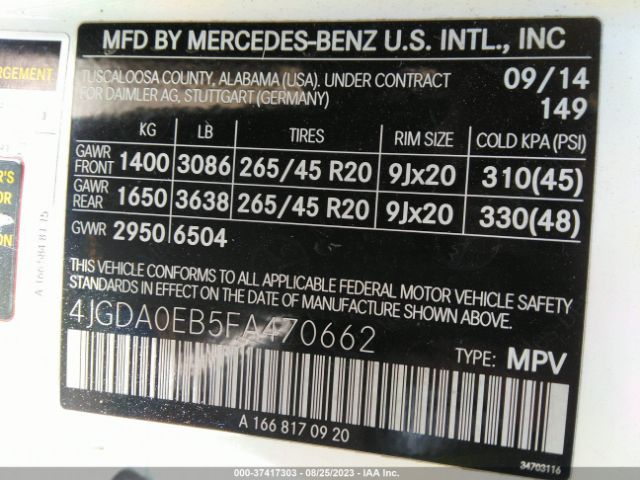 4JGDA0EB5FA470662 Mercedes-Benz M-class Ml 250 Bluetec