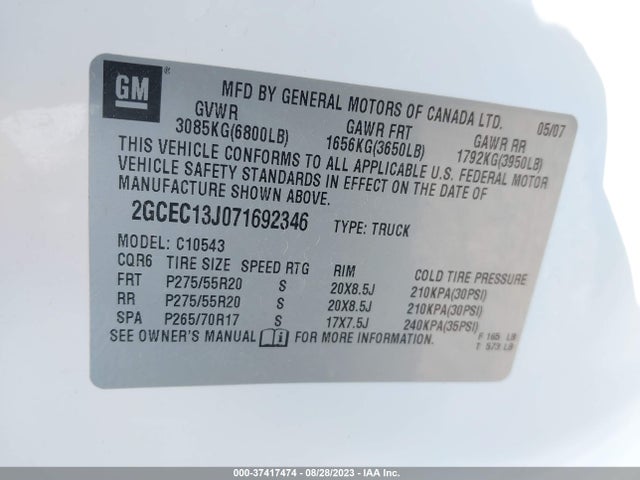 2007 CHEVROLET SILVERADO 1500 LT W/1LT VIN: 2GCEC13J071692346