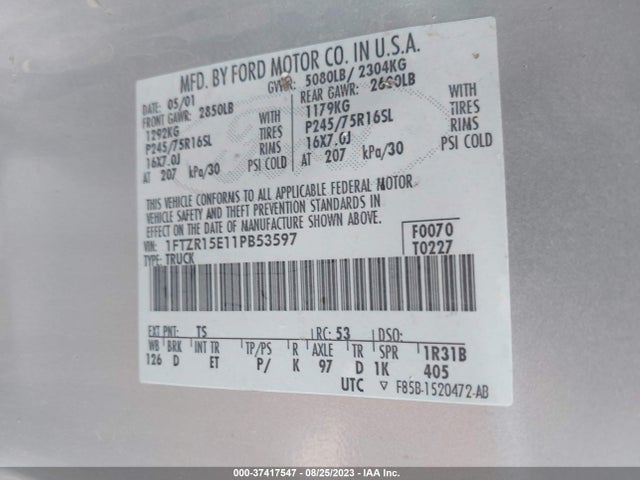 2001 FORD RANGER XL VIN: 1FTZR15E11PB53597