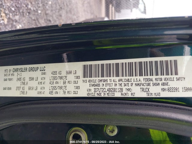 2011 RAM 2500 OUTDOORSMAN VIN: 3D7UT2CL4BG581128