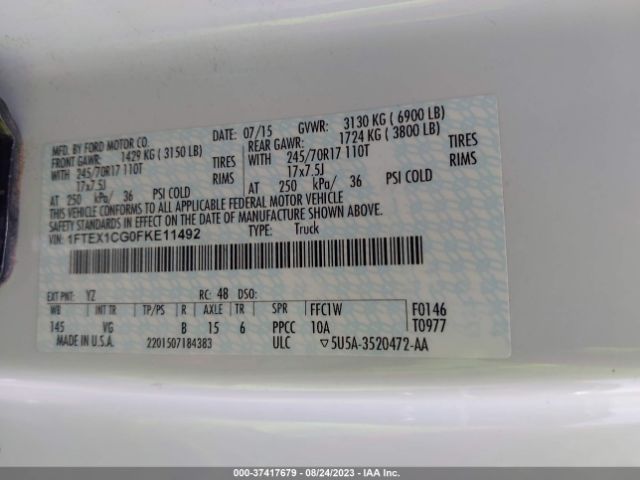 1FTEX1CG0FKE11492 Ford F-150 Xl/lariat/xlt