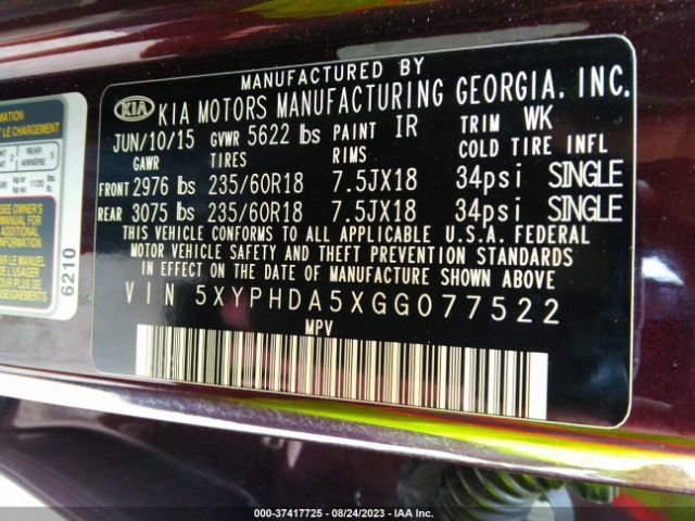 5XYPHDA5XGG077522 KIA SORENTO EX