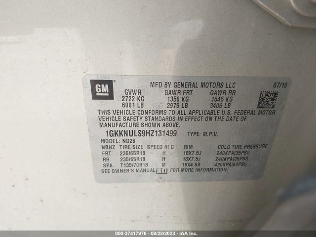 GMC ACADIA SLT 2017 1GKKNULS9HZ131499 Image 9