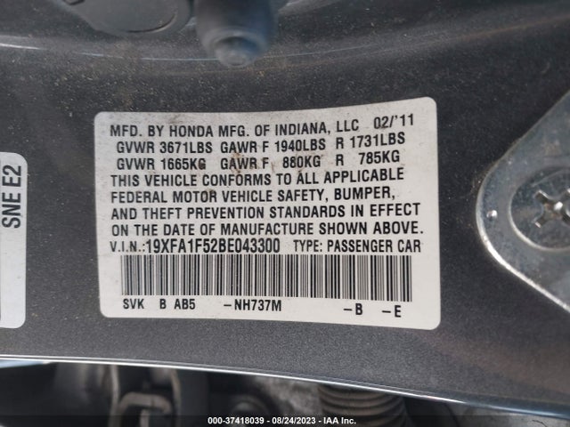 2011 Honda Civic Sdn Lx მანქანა იყიდება აუქციონზე, vin: 19XFA1F52BE043300, აუქციონის ნომერი: 37418039