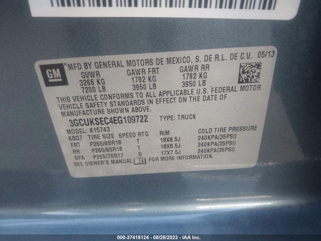 2014 CHEVROLET SILVERADO 1500 LTZ VIN: 3GCUKSEC4EG109722